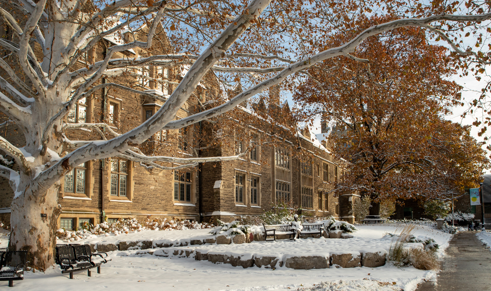 first snow fall on campus across from University Hall